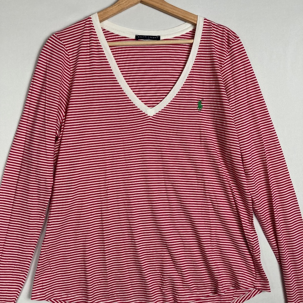 Ralph Lauren Women's Soft Red Striped Long Sleeve V Neck Shirt Green Pony XL